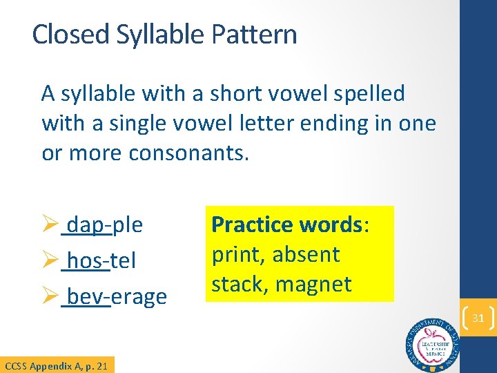 Closed Syllable Pattern A syllable with a short vowel spelled with a single vowel