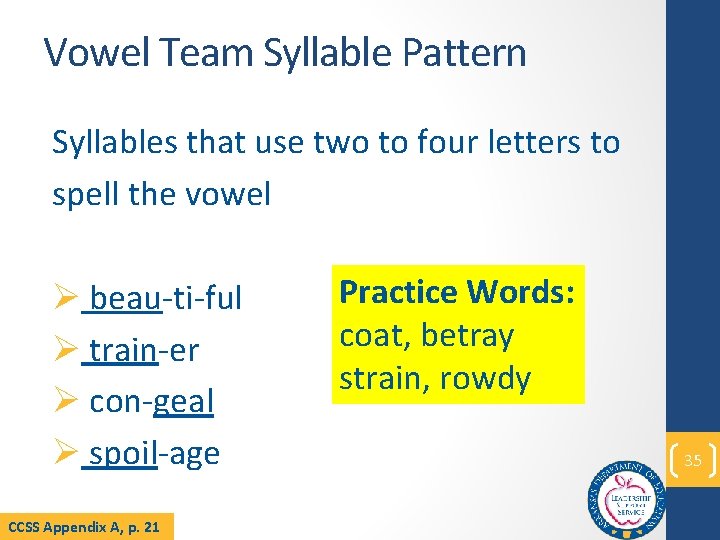 Vowel Team Syllable Pattern Syllables that use two to four letters to spell the