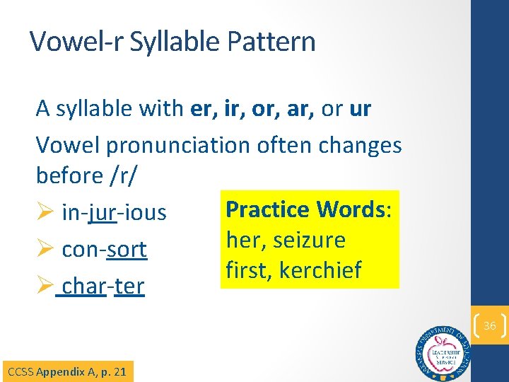 Vowel-r Syllable Pattern A syllable with er, ir, or, ar, or ur Vowel pronunciation