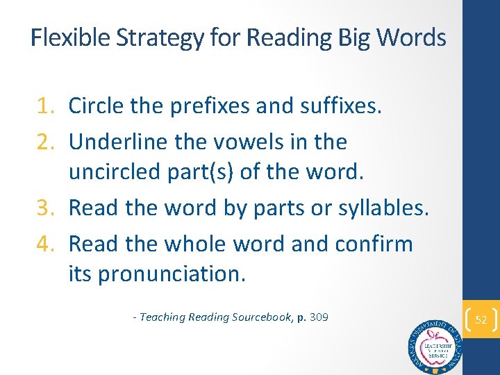 Flexible Strategy for Reading Big Words 1. Circle the prefixes and suffixes. 2. Underline