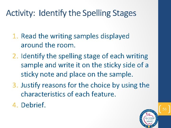 Activity: Identify the Spelling Stages 1. Read the writing samples displayed around the room.