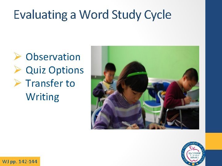 Evaluating a Word Study Cycle Ø Observation Ø Quiz Options Ø Transfer to Writing