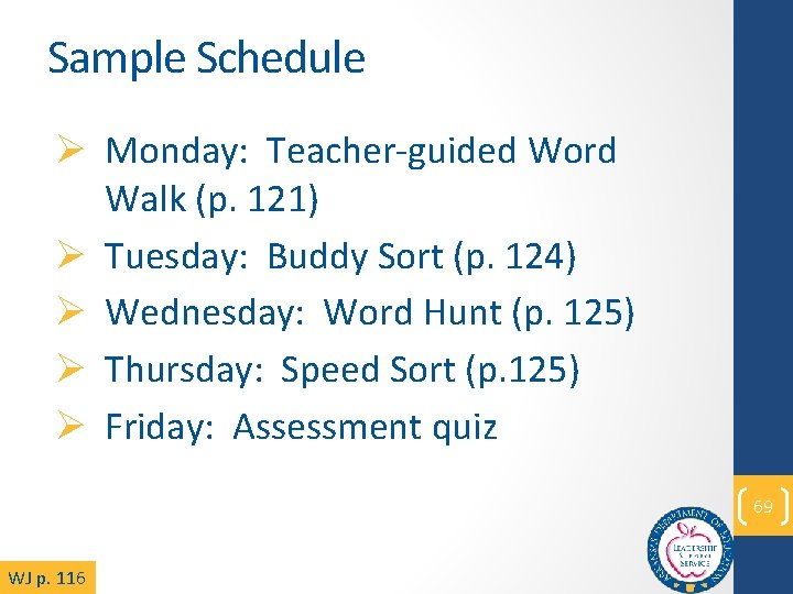 Sample Schedule Ø Monday: Teacher-guided Word Walk (p. 121) Ø Tuesday: Buddy Sort (p.