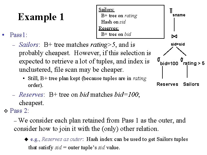 Example 1 Sailors: B+ tree on rating Hash on sid Reserves: B+ tree on