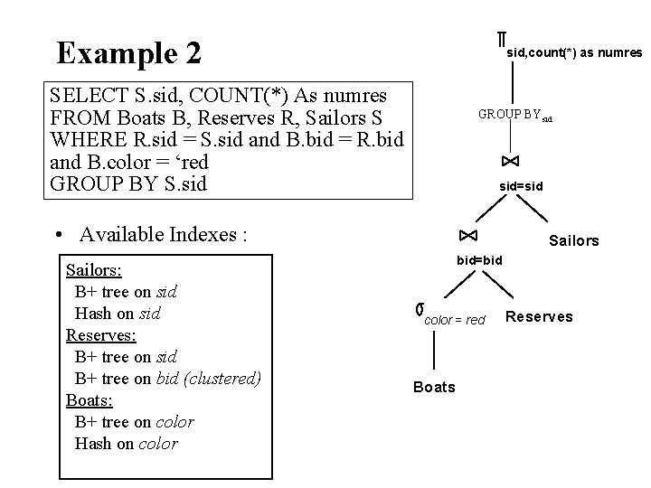 Example 2 sid, count(*) as numres SELECT S. sid, COUNT(*) As numres FROM Boats