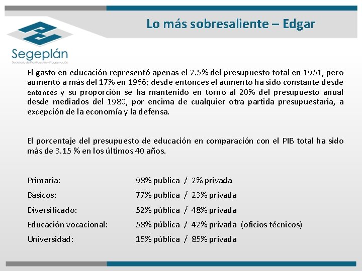 Lo más sobresaliente – Edgar El gasto en educación representó apenas el 2. 5%