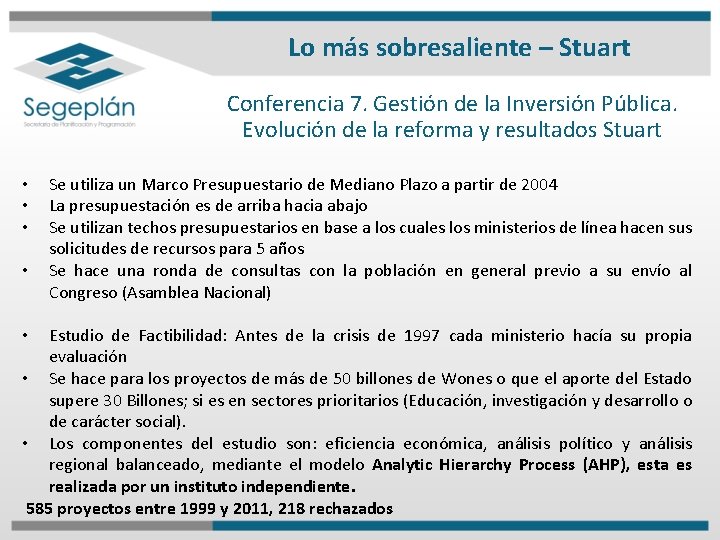 Lo más sobresaliente – Stuart Conferencia 7. Gestión de la Inversión Pública. Evolución de