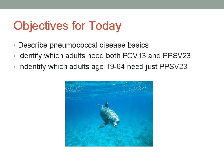Objectives for Today • Describe pneumococcal disease basics • Identify which adults need both