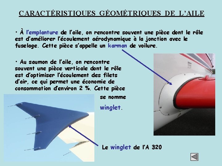 CARACTÉRISTIQUES GÉOMÉTRIQUES DE L’AILE • À l’emplanture de l’aile, on rencontre souvent une pièce