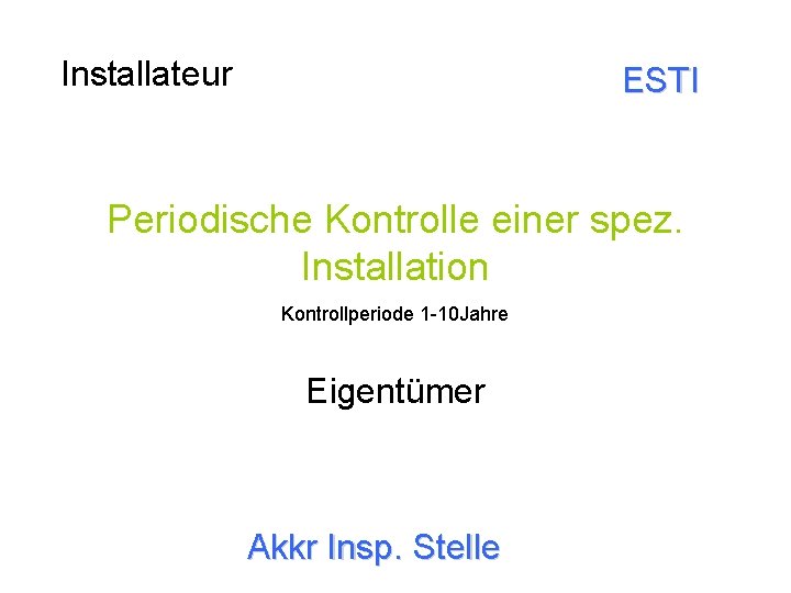 Installateur ESTI Periodische Kontrolle einer spez. Installation Kontrollperiode 1 -10 Jahre Eigentümer Akkr Insp.