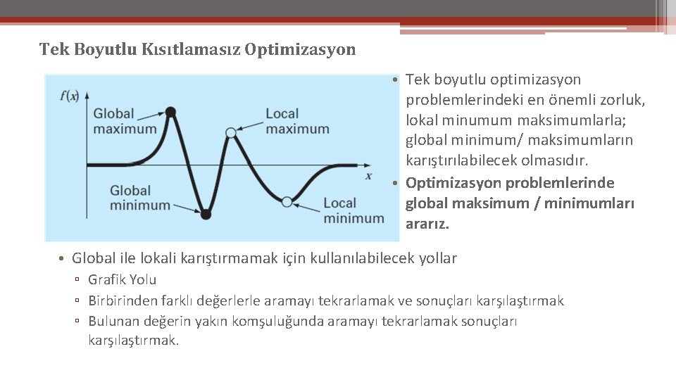 Tek Boyutlu Kısıtlamasız Optimizasyon • Tek boyutlu optimizasyon problemlerindeki en önemli zorluk, lokal minumum