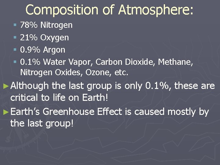 Composition of Atmosphere: § 78% Nitrogen § 21% Oxygen § 0. 9% Argon §