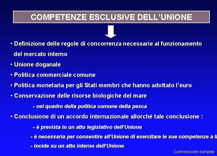 COMPETENZE ESCLUSIVE DELL’UNIONE • Definizione delle regole di concorrenza necessarie al funzionamento del mercato