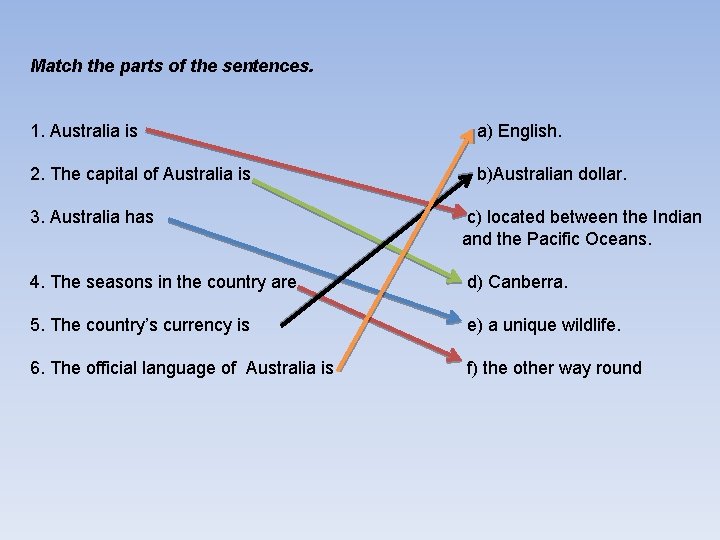 Match the parts of the sentences. 1. Australia is a) English. 2. The capital