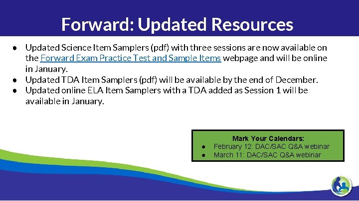 Forward: Updated Resources ● Updated Science Item Samplers (pdf) with three sessions are now