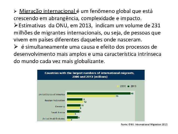 Ø Migração internacional é um fenômeno global que está crescendo em abrangência, complexidade e