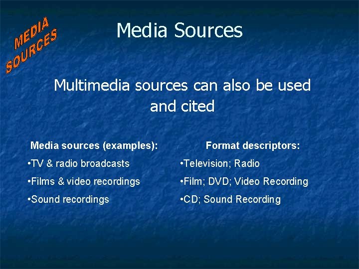 Media Sources Multimedia sources can also be used and cited Media sources (examples): Format