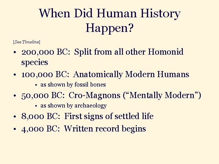 When Did Human History Happen? [See Timeline] • 200, 000 BC: Split from all