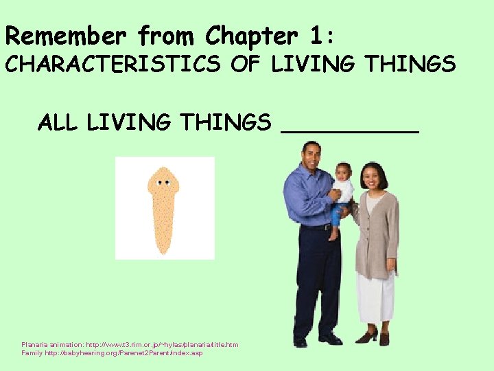 Remember from Chapter 1: CHARACTERISTICS OF LIVING THINGS ALL LIVING THINGS _____ Planaria animation: