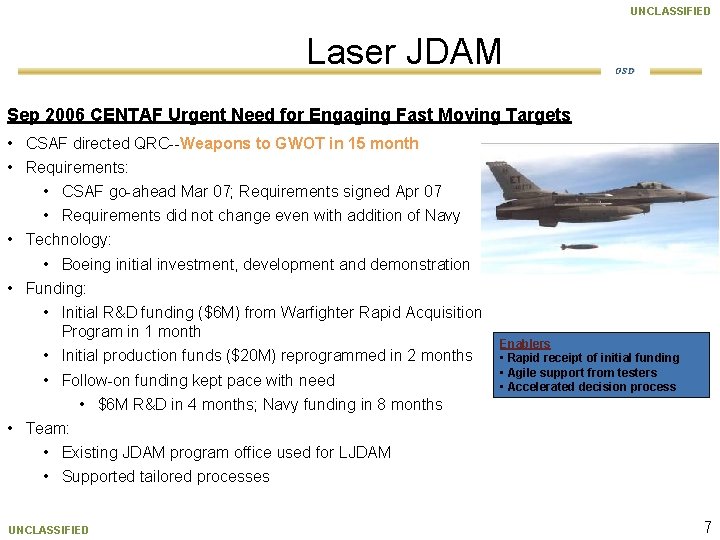 UNCLASSIFIED Laser JDAM OSD Sep 2006 CENTAF Urgent Need for Engaging Fast Moving Targets