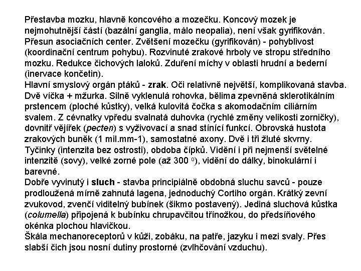 Přestavba mozku, hlavně koncového a mozečku. Koncový mozek je nejmohutnější částí (bazální ganglia, málo