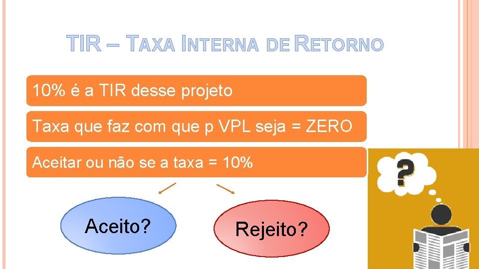 TIR – TAXA INTERNA DE RETORNO 10% é a TIR desse projeto Taxa que