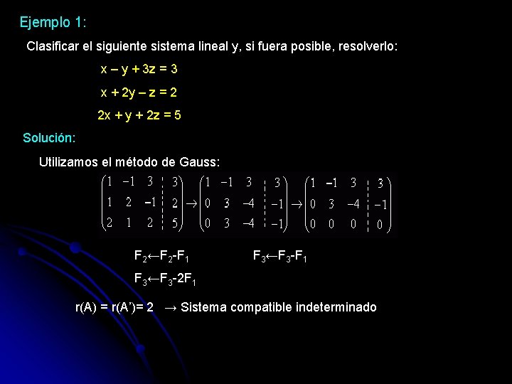 Ejemplo 1: Clasificar el siguiente sistema lineal y, si fuera posible, resolverlo: x –