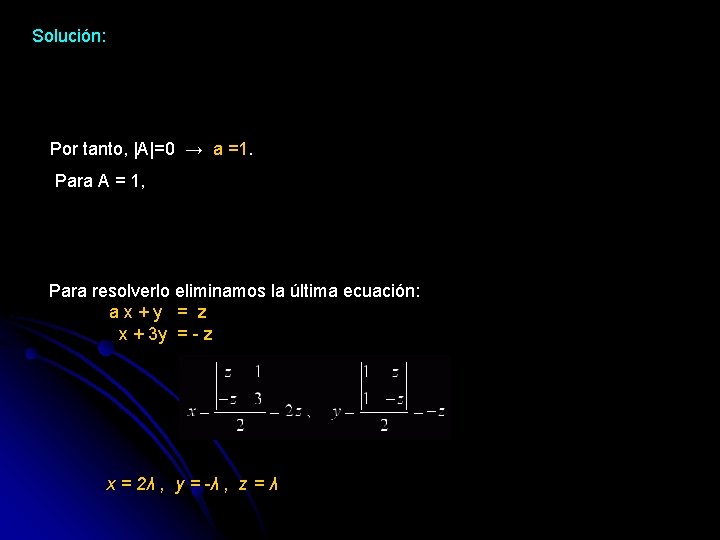 Solución: Por tanto, |A|=0 → a =1. Para A = 1, Para resolverlo eliminamos