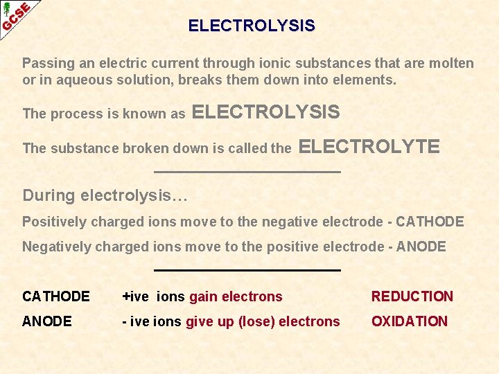 ELECTROLYSIS Passing an electric current through ionic substances that are molten or in aqueous