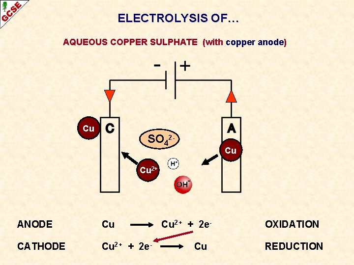 ELECTROLYSIS OF… AQUEOUS COPPER SULPHATE (with copper anode) Cu SO 42 - Cu Cu