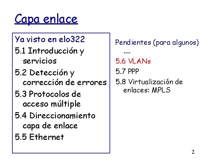 Capa enlace Ya visto en elo 322 5. 1 Introducción y servicios 5. 2