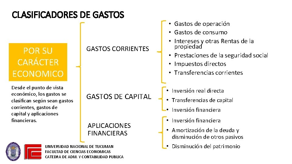 CLASIFICADORES DE GASTOS POR SU CARÁCTER ECONOMICO Desde el punto de vista económico, los