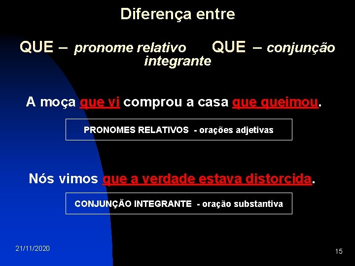 Diferença entre QUE – pronome relativo integrante QUE – conjunção A moça que vi