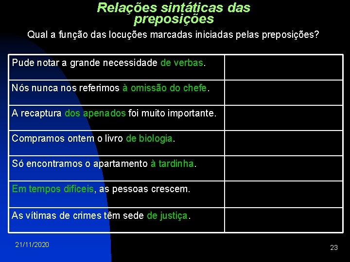 Relações sintáticas das preposições Qual a função das locuções marcadas iniciadas pelas preposições? Pude
