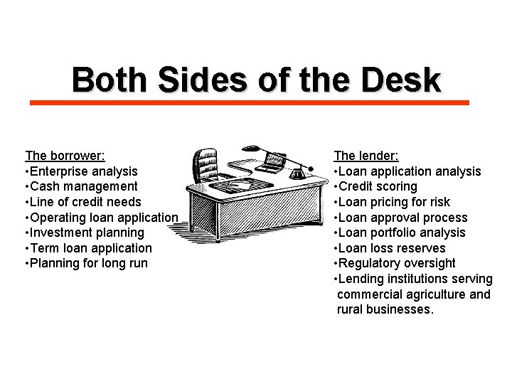 Both Sides of the Desk The borrower: • Enterprise analysis • Cash management •