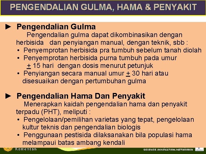 PENGENDALIAN GULMA, HAMA & PENYAKIT ► Pengendalian Gulma Pengendalian gulma dapat dikombinasikan dengan herbisida