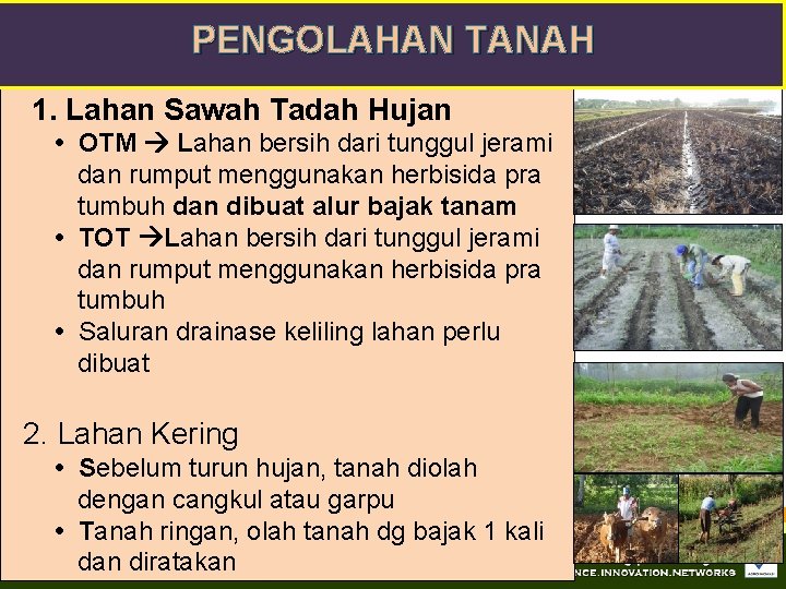 PENGOLAHAN TANAH 1. Lahan Sawah Tadah Hujan • OTM Lahan bersih dari tunggul jerami