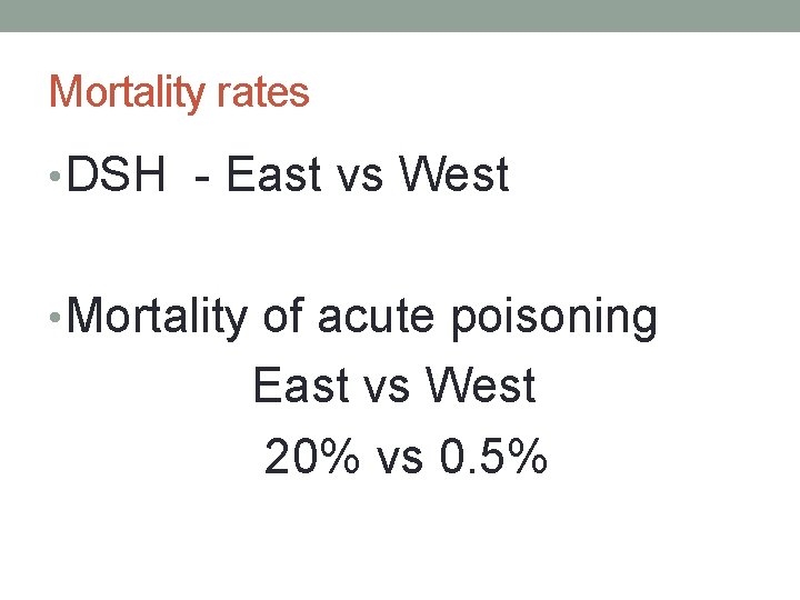 Mortality rates • DSH - East vs West • Mortality of acute poisoning East