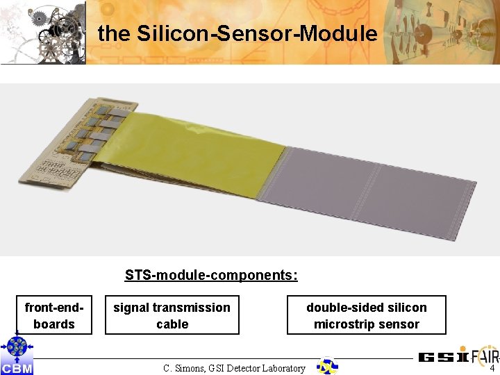 the Silicon-Sensor-Module STS-module-components: front-endboards signal transmission cable C. Simons, GSI Detector Laboratory double-sided silicon