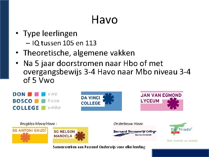 Havo • Type leerlingen – IQ tussen 105 en 113 • Theoretische, algemene vakken Havo • Type leerlingen – IQ tussen 105 en 113 • Theoretische, algemene vakken