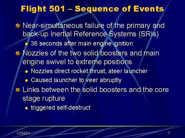 Flight 501 – Sequence of Events Near-simultaneous failure of the primary and back-up Inertial