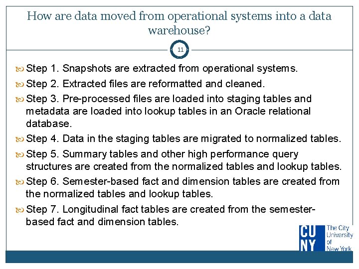 How are data moved from operational systems into a data warehouse? 11 Step 1.