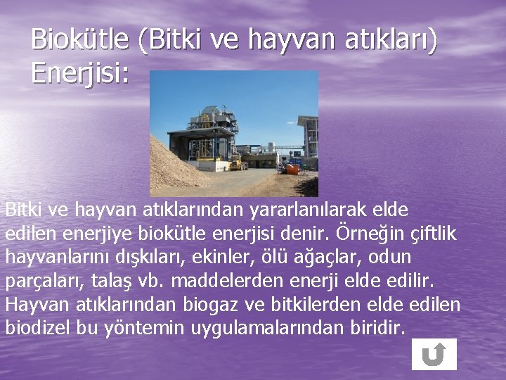 Biokütle (Bitki ve hayvan atıkları) Enerjisi: Bitki ve hayvan atıklarından yararlanılarak elde edilen enerjiye