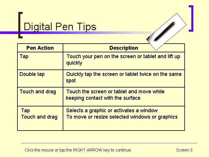 Digital Pen Tips Pen Action Description Tap Touch your pen on the screen or