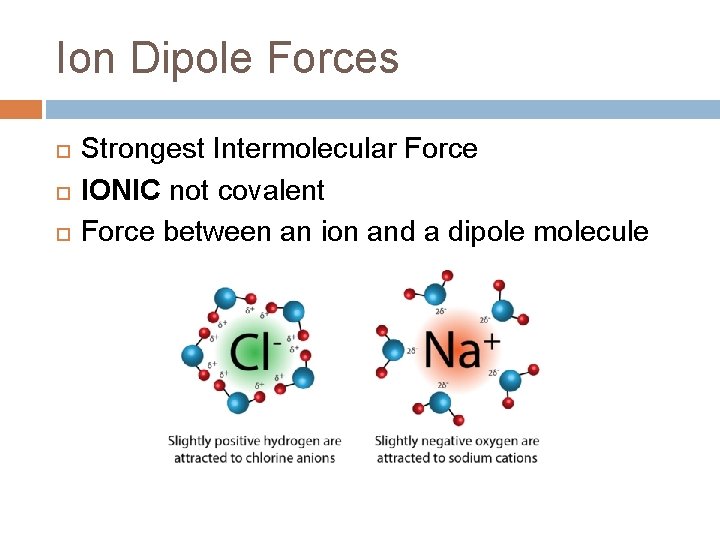 Ion Dipole Forces Strongest Intermolecular Force IONIC not covalent Force between an ion and