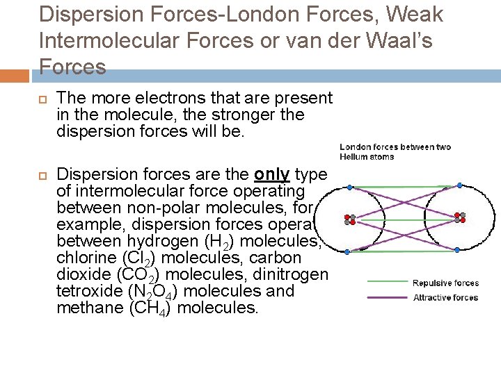 Dispersion Forces-London Forces, Weak Intermolecular Forces or van der Waal’s Forces The more electrons