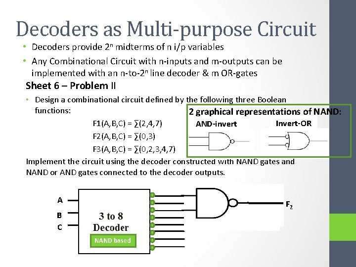 Decoders as Multi-purpose Circuit • Decoders provide 2 n midterms of n i/p variables