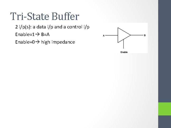 Tri-State Buffer 2 i/p(s): a data i/p and a control i/p Enable=1 B=A Enable=0