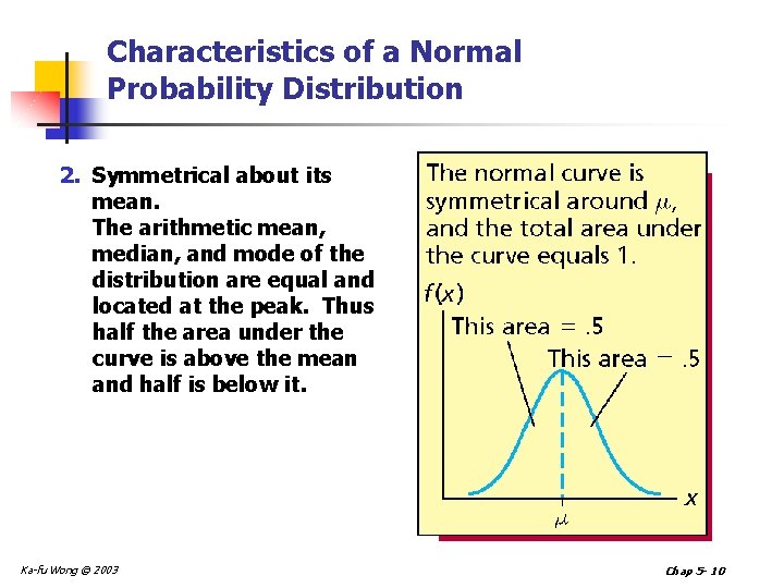 Characteristics of a Normal Probability Distribution 2. Symmetrical about its mean. The arithmetic mean,