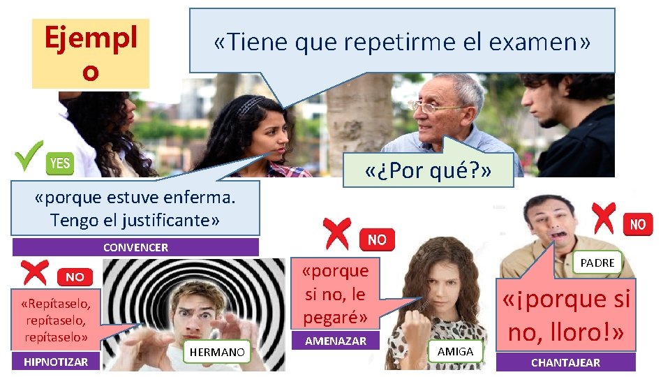 Ejempl o «Tiene que repetirme el examen» «porque estuve enferma. Tengo el justificante» «¿Por